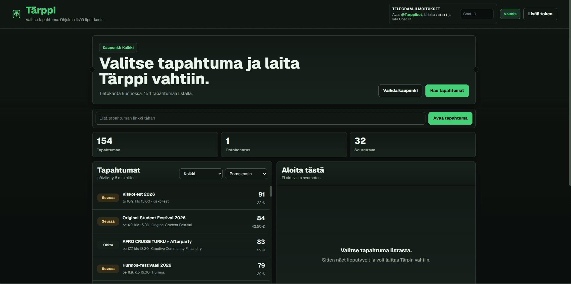 Tärppi dashboard with event search, tracking, and Telegram notification controls