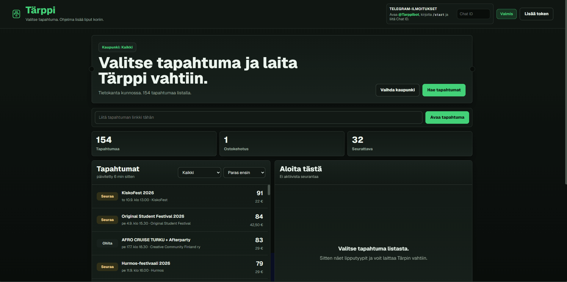 Tärppi dashboard with event search, tracking, and Telegram notification controls